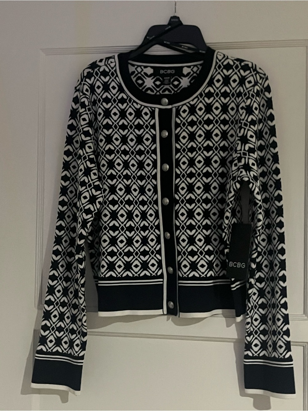 BCBG Black and White Geometric Button-Front Cardigan